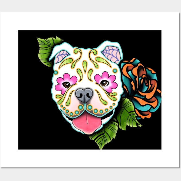 American Bulldog - Day of the Dead Sugar Skull Dog Wall Art by prettyinink